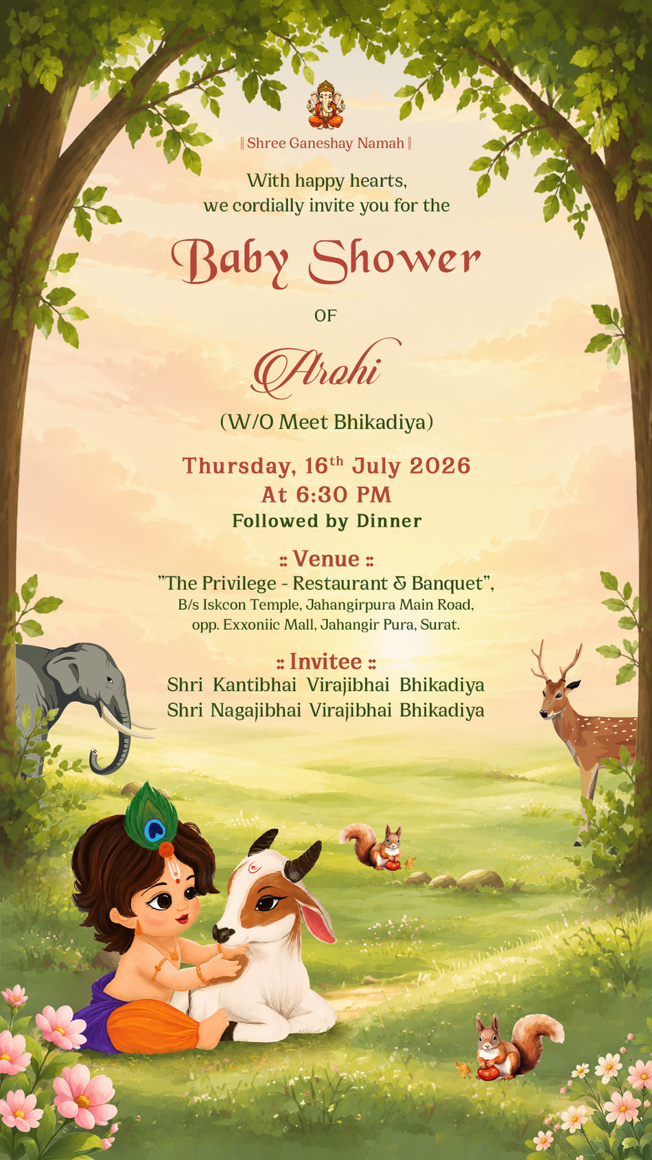Baby Shower ceremony invitation card in English language with Little Krishna Nature & Jungle Safari theme design 5566