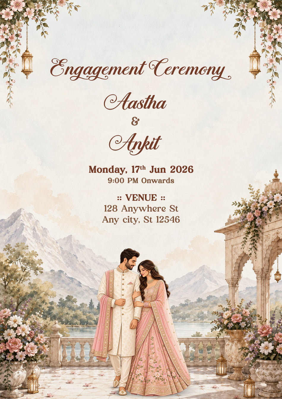 Engagement Ceremony invitation card in english language with couple on royal terrace and mountain lake theme design 5567