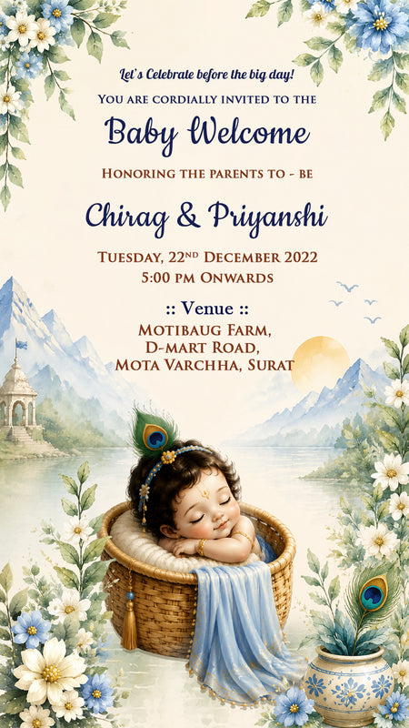 A baby welcome invitation card with elegant blue and gold typography, decorated with floral borders, mountains, a lake, and a sleeping baby in a basket. The text reads: 'Let's Celebrate before the big day! You are cordially invited to the Baby Welcome honoring the parents to be Chirag & Priyanthi, Tuesday, 22nd December 2022, 5:00 PM onwards, Venue: Motibaug Farm, D-Mart Road, Mota Varchha, Surat.