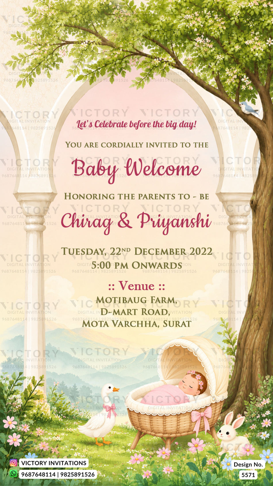 A baby welcome invitation card featuring a whimsical garden scene with a wicker bassinet, swan, rabbit, tree, and arched doorway. The text reads: 'You are cordially invited to the Baby Welcome honoring the parents to be Chirag & Piyanshi, Tuesday, 22nd December 2022, 5:00 PM onwards, Venue: Motibaug Farm, D-Mart Road, Mota Varchha, Surat.