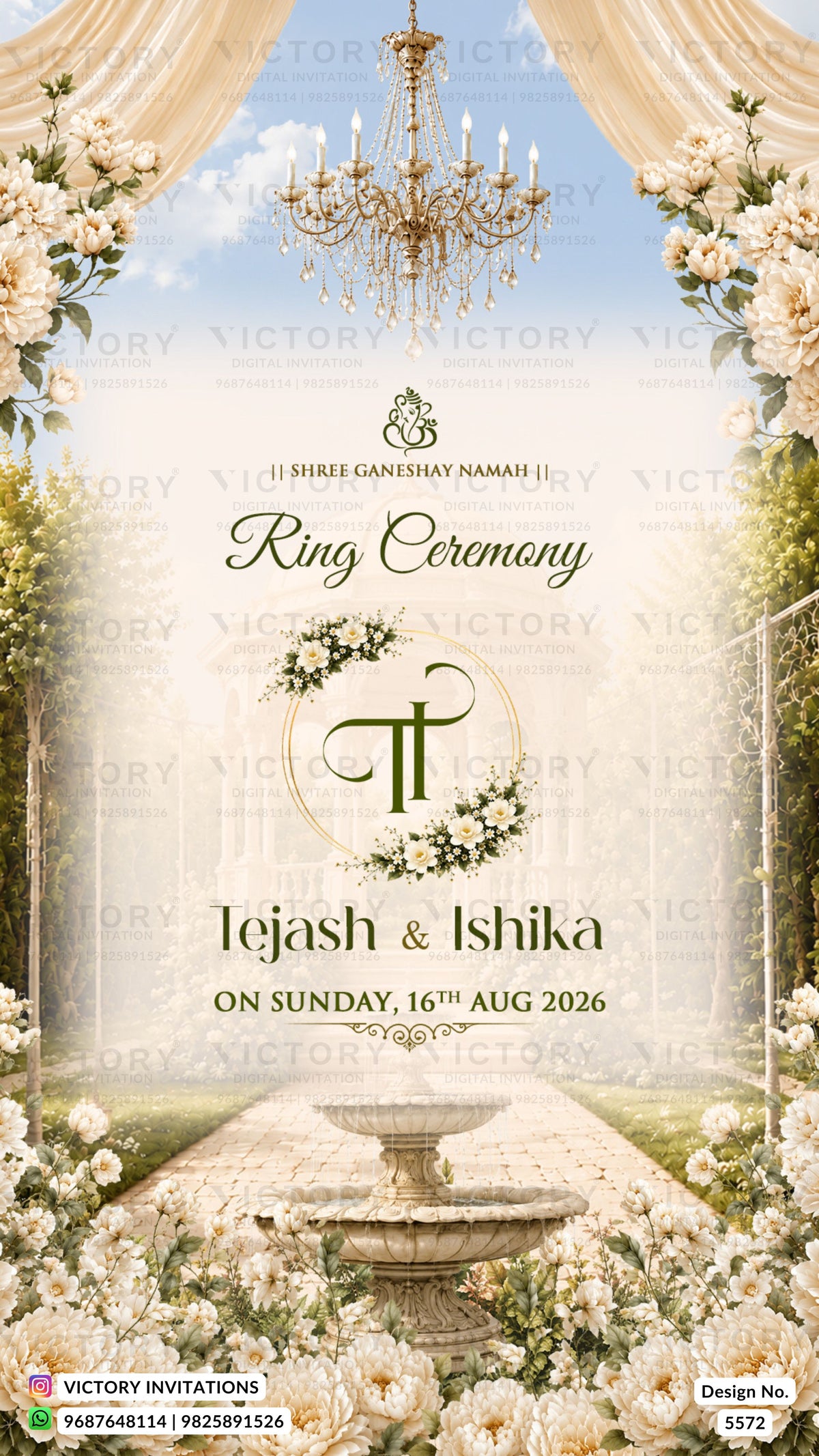 A wedding ring ceremony invitation card design featuring a romantic garden path framed by white roses, a stone fountain, a golden chandelier, and draped cream curtains. The text reads 'Shree Ganeshay Namah', 'Ring Ceremony', and 'Tejas & Ishika' with the date 'Sunday, 16th Aug 2026'.