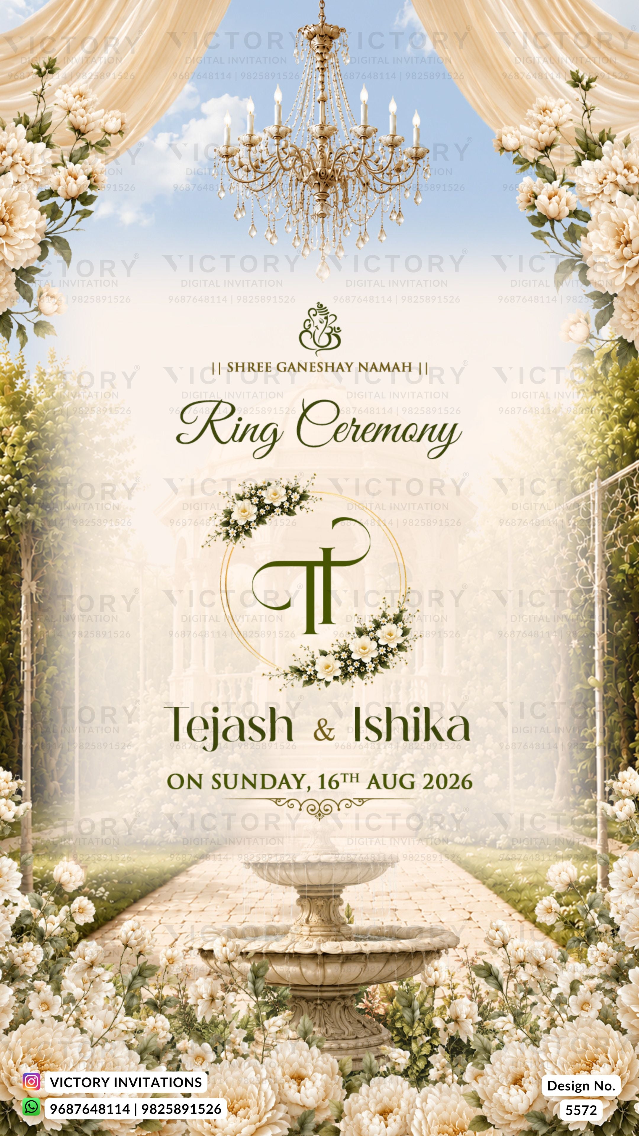 A wedding ring ceremony invitation card design featuring a romantic garden path framed by white roses, a stone fountain, a golden chandelier, and draped cream curtains. The text reads 'Shree Ganeshay Namah', 'Ring Ceremony', and 'Tejas & Ishika' with the date 'Sunday, 16th Aug 2026'.