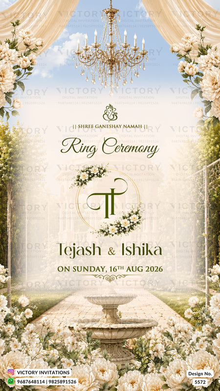 A wedding ring ceremony invitation card design featuring a romantic garden path framed by white roses, a stone fountain, a golden chandelier, and draped cream curtains. The text reads 'Shree Ganeshay Namah', 'Ring Ceremony', and 'Tejas & Ishika' with the date 'Sunday, 16th Aug 2026'.