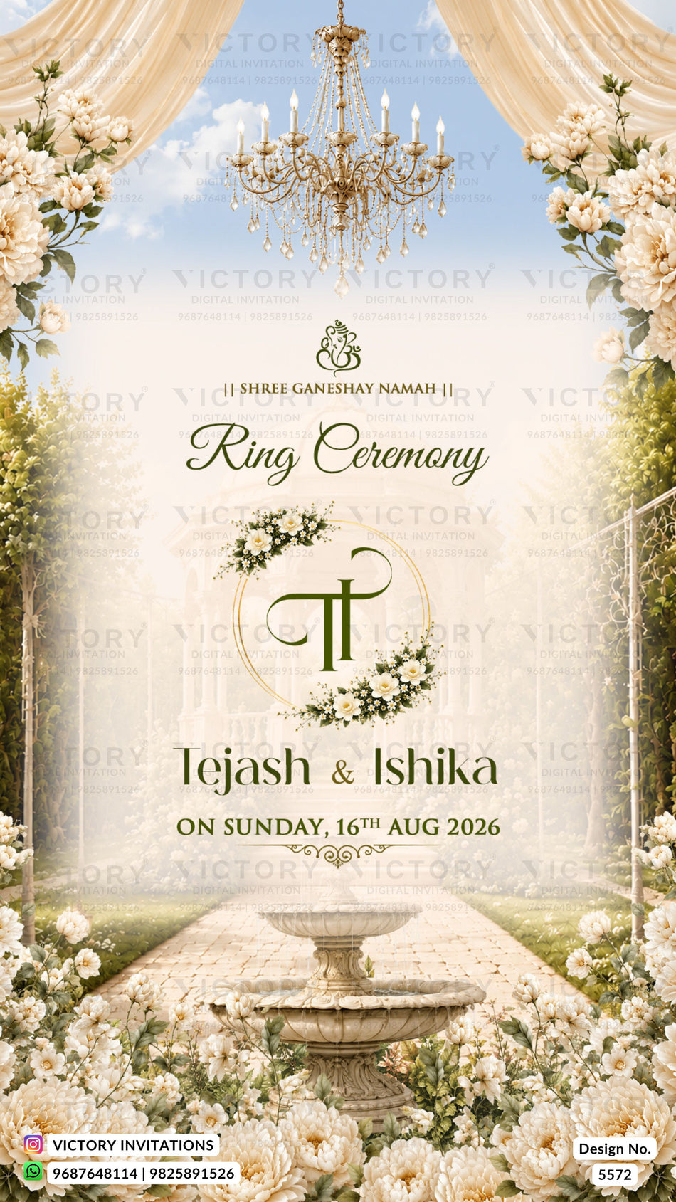 A wedding ring ceremony invitation card design featuring a romantic garden path framed by white roses, a stone fountain, a golden chandelier, and draped cream curtains. The text reads 'Shree Ganeshay Namah', 'Ring Ceremony', and 'Tejas & Ishika' with the date 'Sunday, 16th Aug 2026'.
