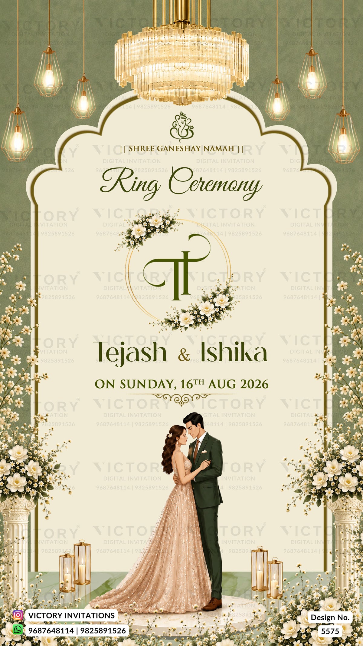 A digital wedding ring ceremony invitation template featuring an elegant cream arch with gold trim, decorated with hanging bulbs, floral arrangements, and an illustration of a bride and groom at the bottom. The text reads 'Ring Ceremony' and 'Lejash & Ishika'.