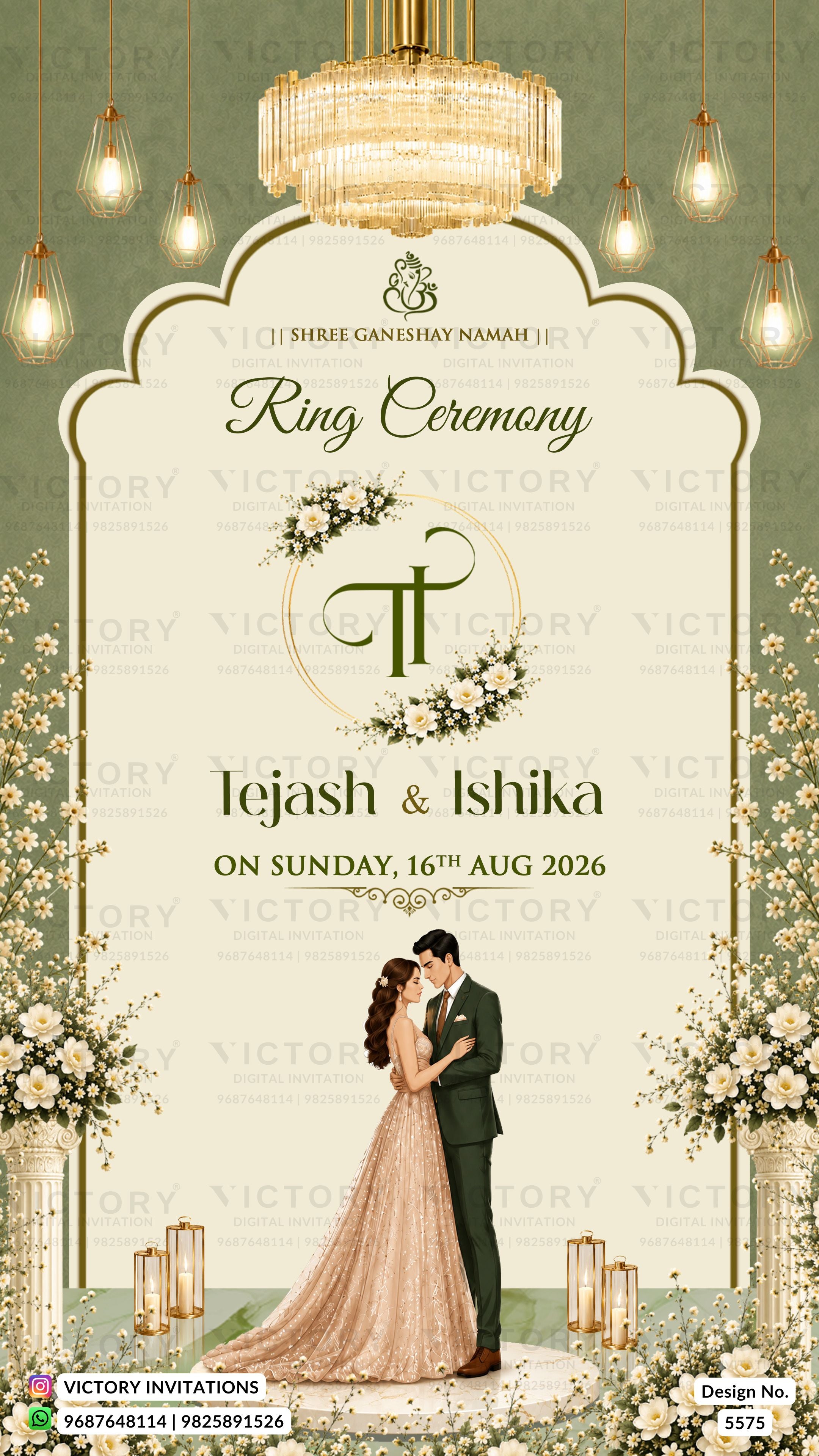 A digital wedding ring ceremony invitation template featuring an elegant cream arch with gold trim, decorated with hanging bulbs, floral arrangements, and an illustration of a bride and groom at the bottom. The text reads 'Ring Ceremony' and 'Lejash & Ishika'.