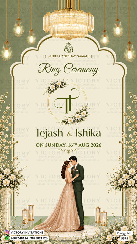 A digital wedding ring ceremony invitation template featuring an elegant cream arch with gold trim, decorated with hanging bulbs, floral arrangements, and an illustration of a bride and groom at the bottom. The text reads 'Ring Ceremony' and 'Lejash & Ishika'.