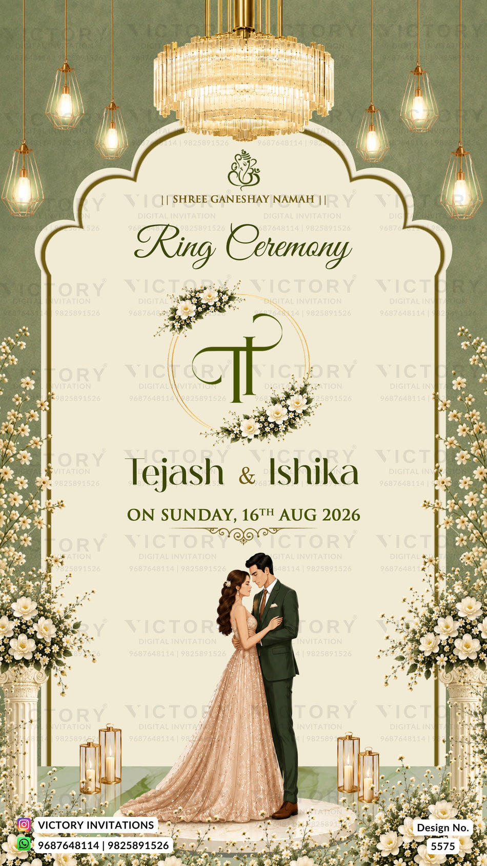 A digital wedding ring ceremony invitation template featuring an elegant cream arch with gold trim, decorated with hanging bulbs, floral arrangements, and an illustration of a bride and groom at the bottom. The text reads 'Ring Ceremony' and 'Lejash & Ishika'.