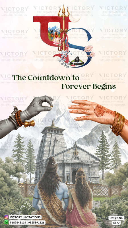 A digital invitation card design for a Hindu wedding, featuring a large stylized red and blue 'VS' monogram with a trident at the top, the text 'The Countdown to Forever Begins' in the center, and a scenic illustration of a mountain temple below. Two hands with henna designs frame the text, and two couples are seated in the foreground.