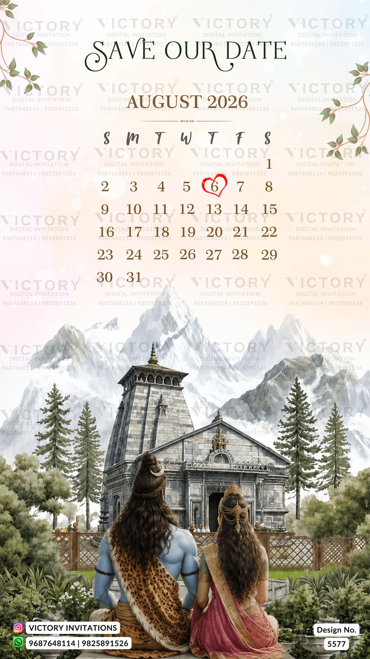 Save the Date card design for August 2026, featuring a scenic illustration of a historic stone temple in front of snow-capped mountains, with two people sitting in the foreground. The top displays the text 'SAVE OUR DATE AUGUST 2026' with a calendar and heart-shaped date marker.
