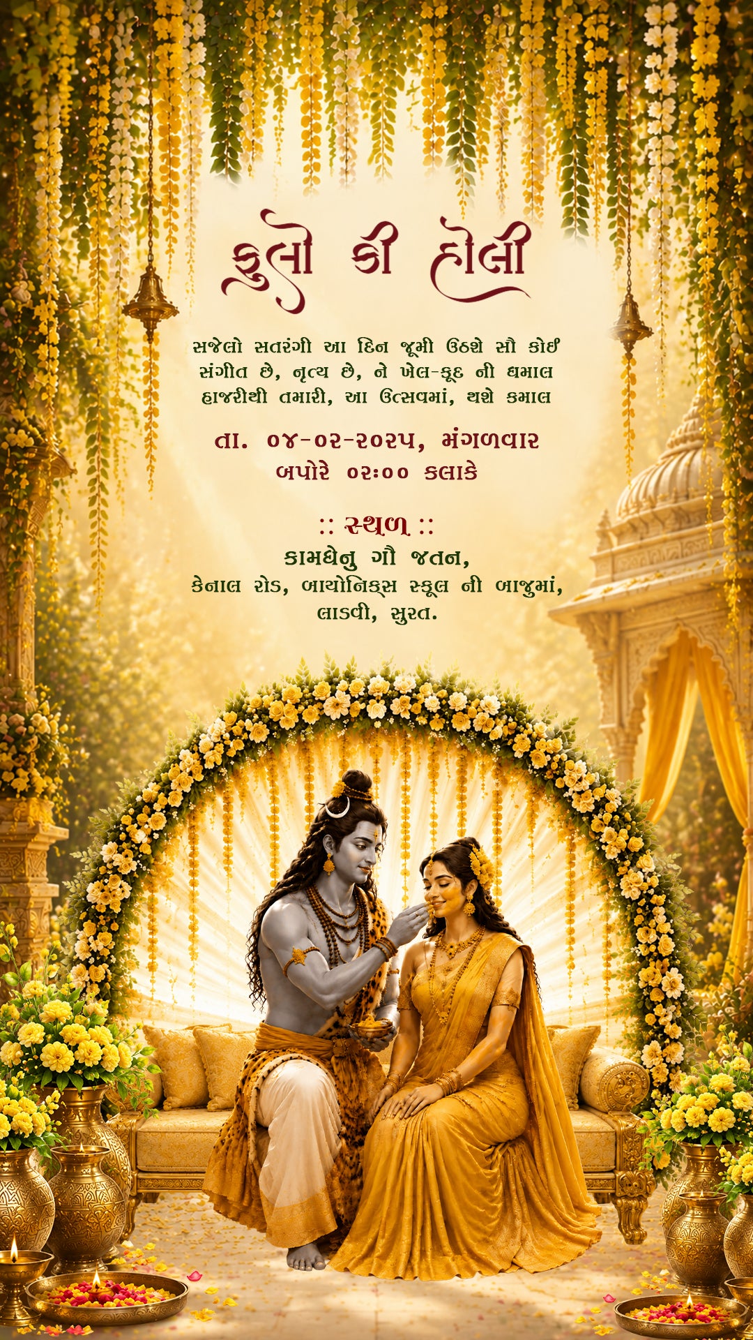 A vertical digital invitation for a "Phoolon Ki Holi" event with a warm, festive golden theme. The top features Gujarati text detailing a celebration on Tuesday, February 4, 2025, at 2:00 PM, located at Kamdhenu Gau Jatan, Canal Road, near Bionics School, Laldita, Surat. The bottom depicts an artistic illustration of Lord Shiva and Goddess Parvati sitting together on a golden sofa, surrounded by lush yellow flower arches, marigold arrangements, and hanging floral garlands.