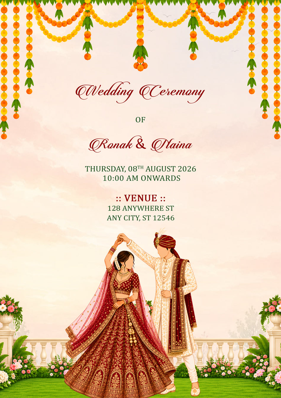 Wedding ceremony invitation card of hindu Royal Terrace Elegance / Marigold Garden Romance in english language with floral theme design 5579