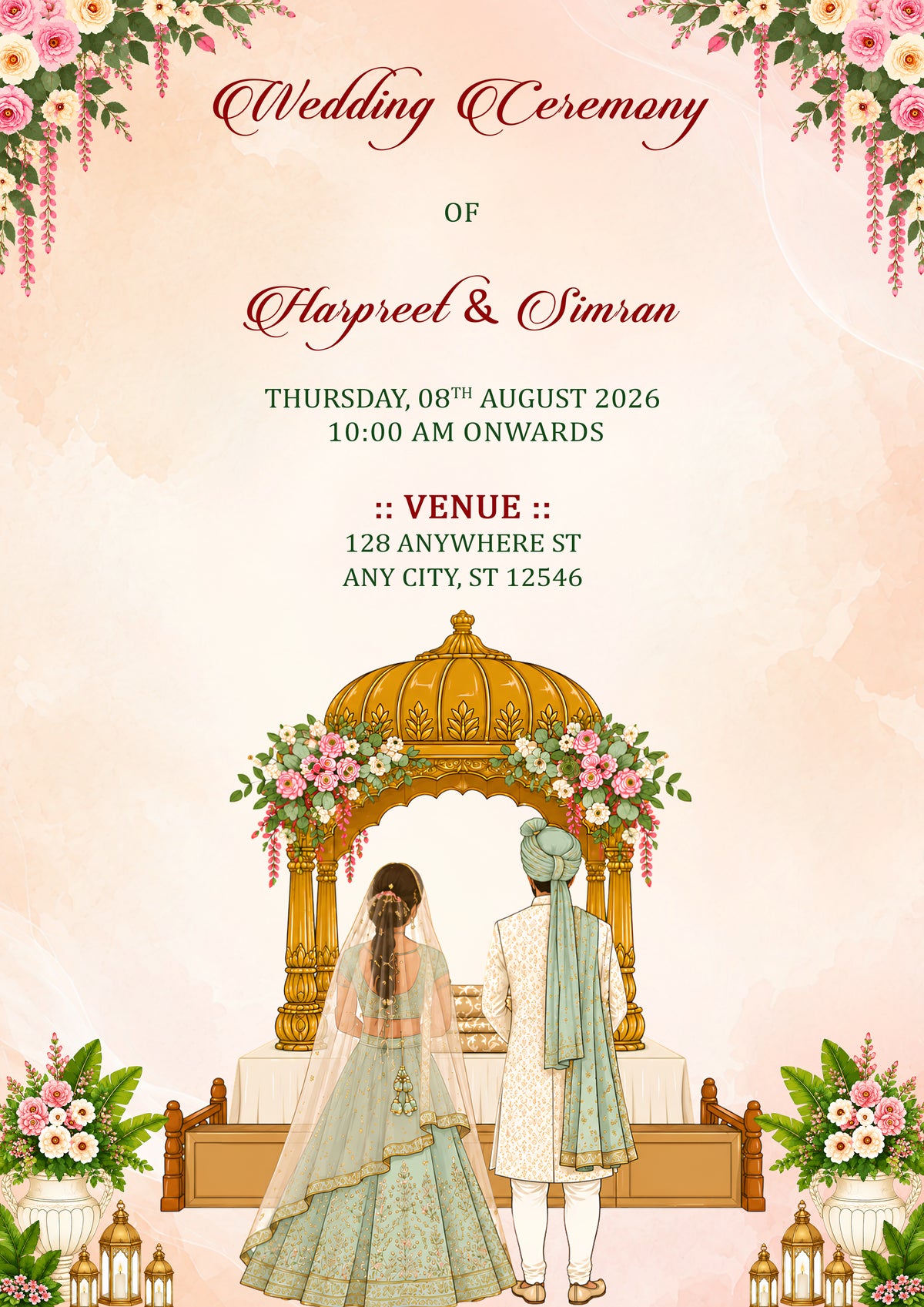 A wedding invitation card design featuring a traditional Indian wedding scene with a bride and groom standing under a golden arch decorated with pink flowers. The text reads 'Wedding Ceremony of Hayreel & Simran' with event details below, set against a soft pink watercolor background with floral corner decorations.