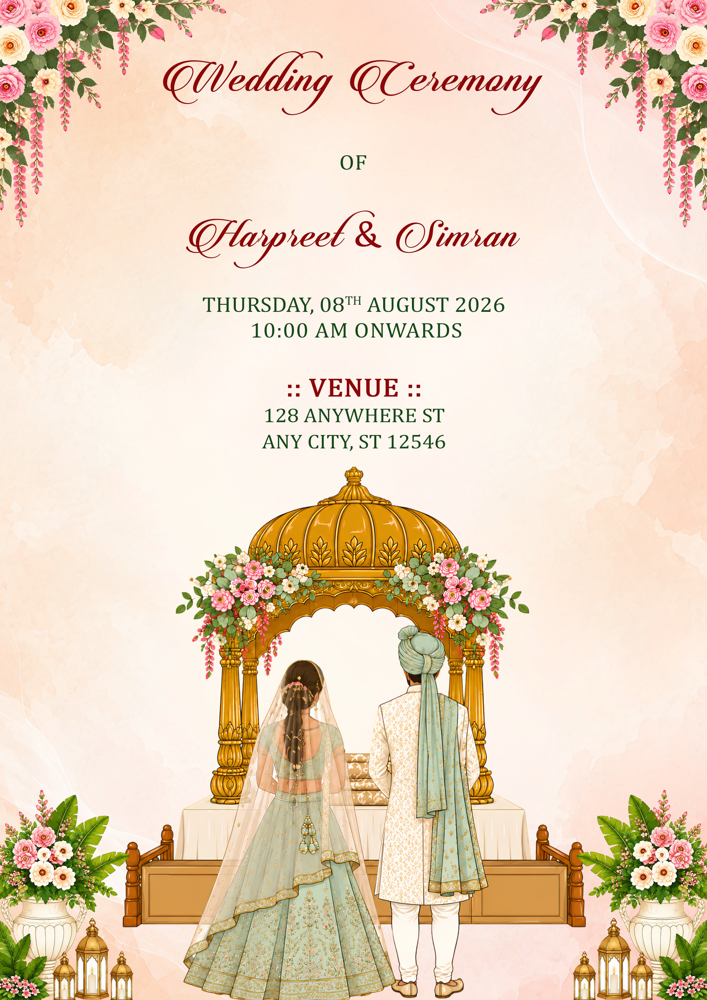 A wedding invitation card design featuring a traditional Indian wedding scene with a bride and groom standing under a golden arch decorated with pink flowers. The text reads 'Wedding Ceremony of Hayreel & Simran' with event details below, set against a soft pink watercolor background with floral corner decorations.