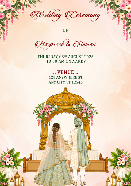 A wedding invitation card design featuring a traditional Indian wedding scene with a bride and groom standing under a golden arch decorated with pink flowers. The text reads 'Wedding Ceremony of Hayreel & Simran' with event details below, set against a soft pink watercolor background with floral corner decorations.