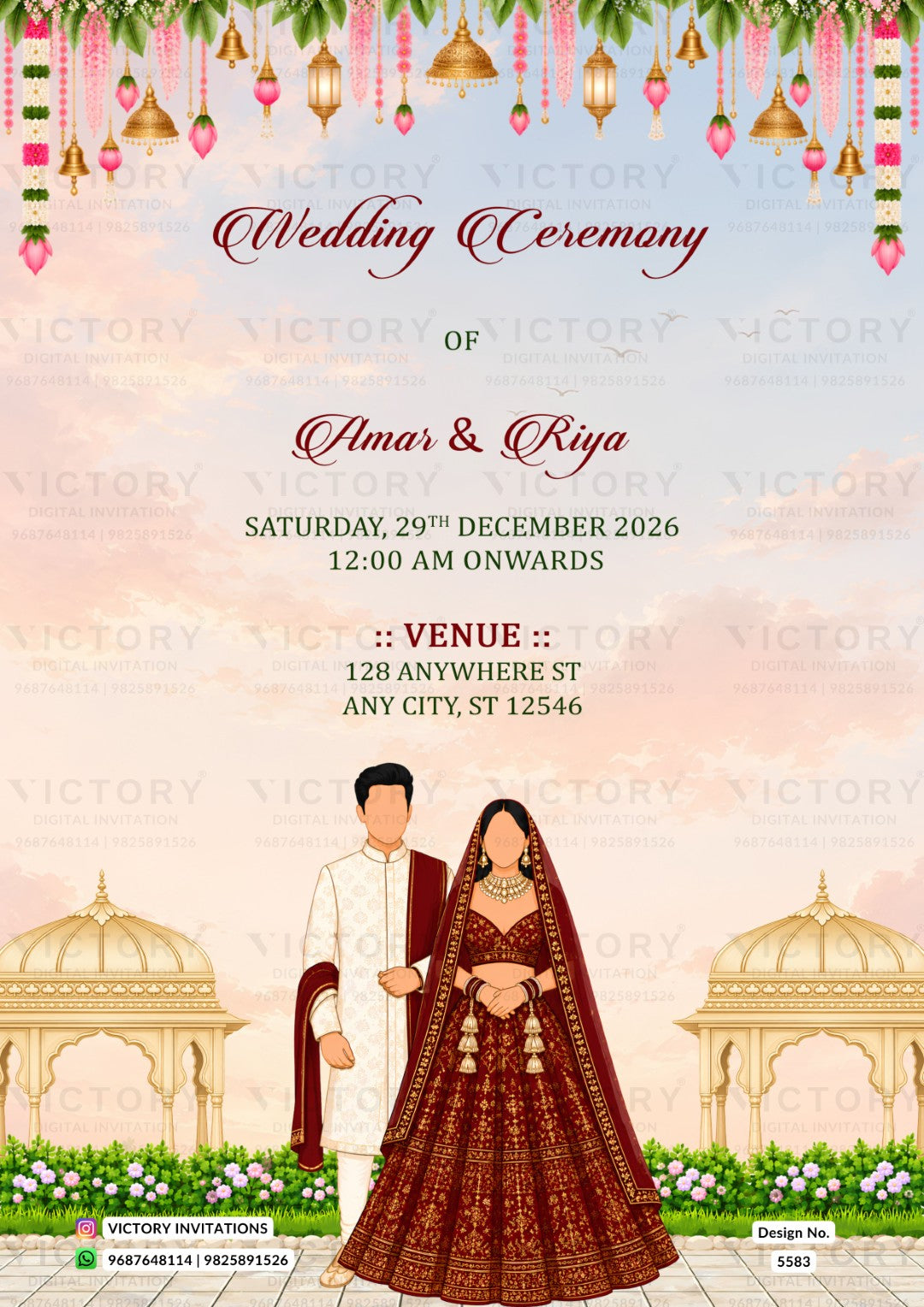 A digital wedding invitation card template featuring a traditional Indian wedding theme. The design includes a festive top border with hanging bells, marigolds, and green garlands, with the text 'Wedding Ceremony OF Amar & Riya' in elegant red and pink fonts.