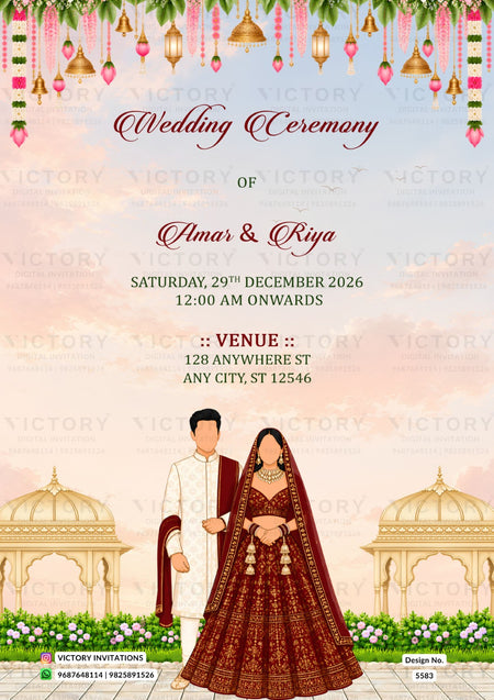 A digital wedding invitation card template featuring a traditional Indian wedding theme. The design includes a festive top border with hanging bells, marigolds, and green garlands, with the text 'Wedding Ceremony OF Amar & Riya' in elegant red and pink fonts.