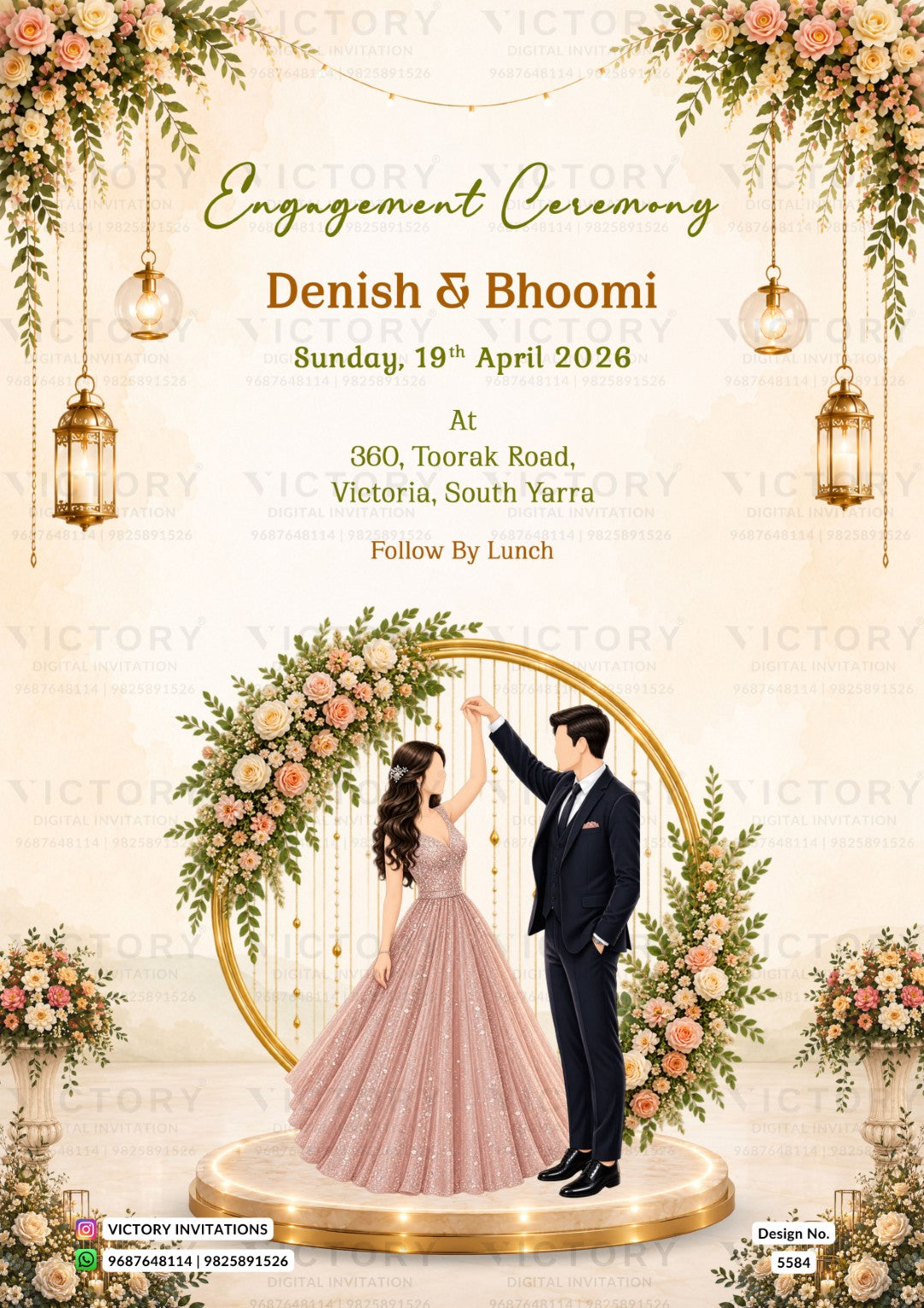 Engagement ceremony invitation card featuring a romantic illustration of a couple under a gold arch with floral decorations. The text reads 'Engagement Ceremony' and 'Denish & Bhoomi' with event details for Sunday, 19th April 2026, and 'VICTORY INVITATIONS' branding at the bottom.