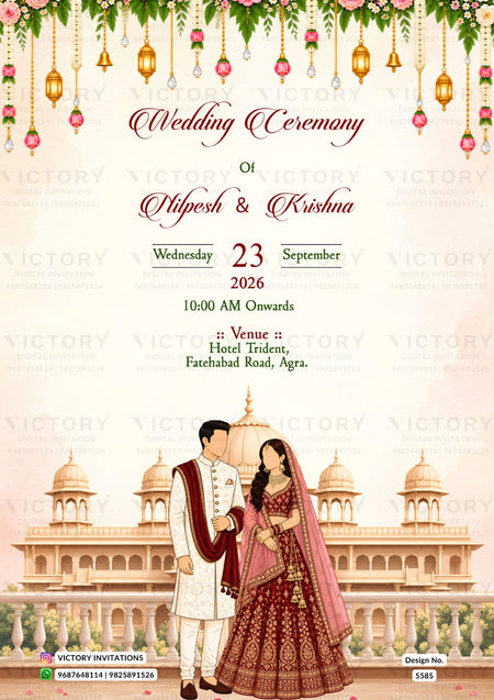 A wedding invitation card for Nipesh & Krishna, featuring a traditional Indian theme with a henna design at the top, hanging lanterns, and an illustration of a couple in front of a palace. The text details the wedding date, time, and venue.