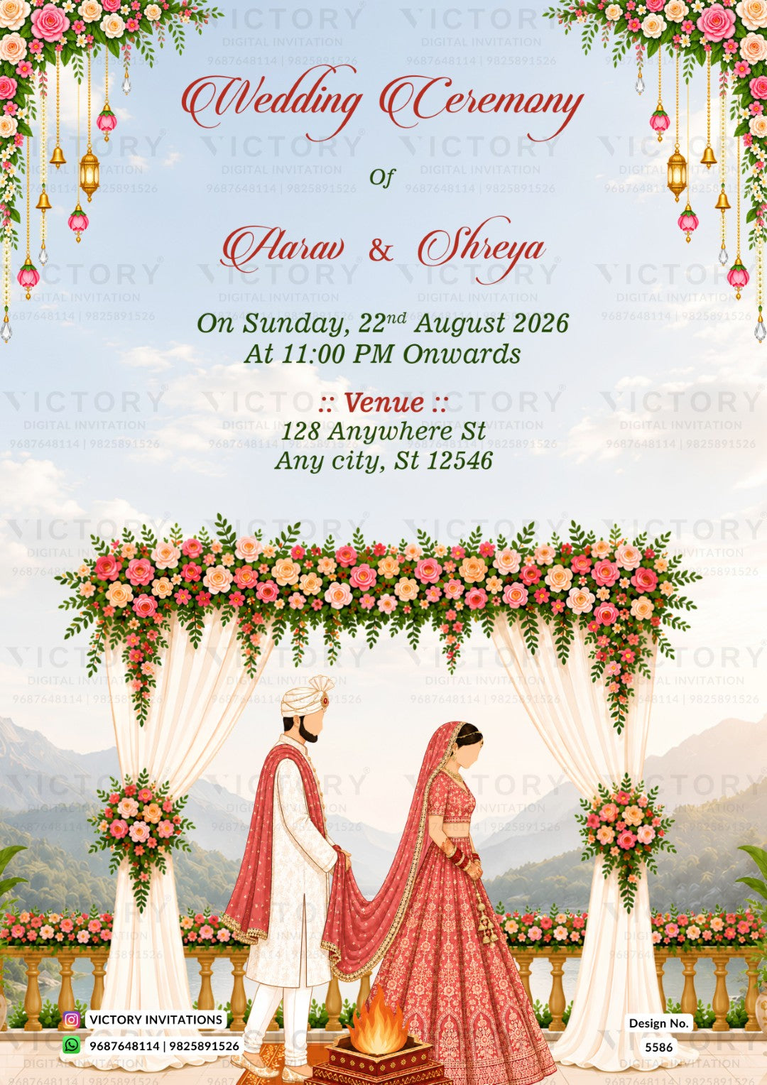 A wedding invitation card design featuring a traditional Indian wedding ceremony scene. The top half contains elegant red and green text for 'Wedding Ceremony of Aarav & Sheya' with venue details, while the bottom half shows an illustration of a bride and groom under a floral arch with mountains in the background.