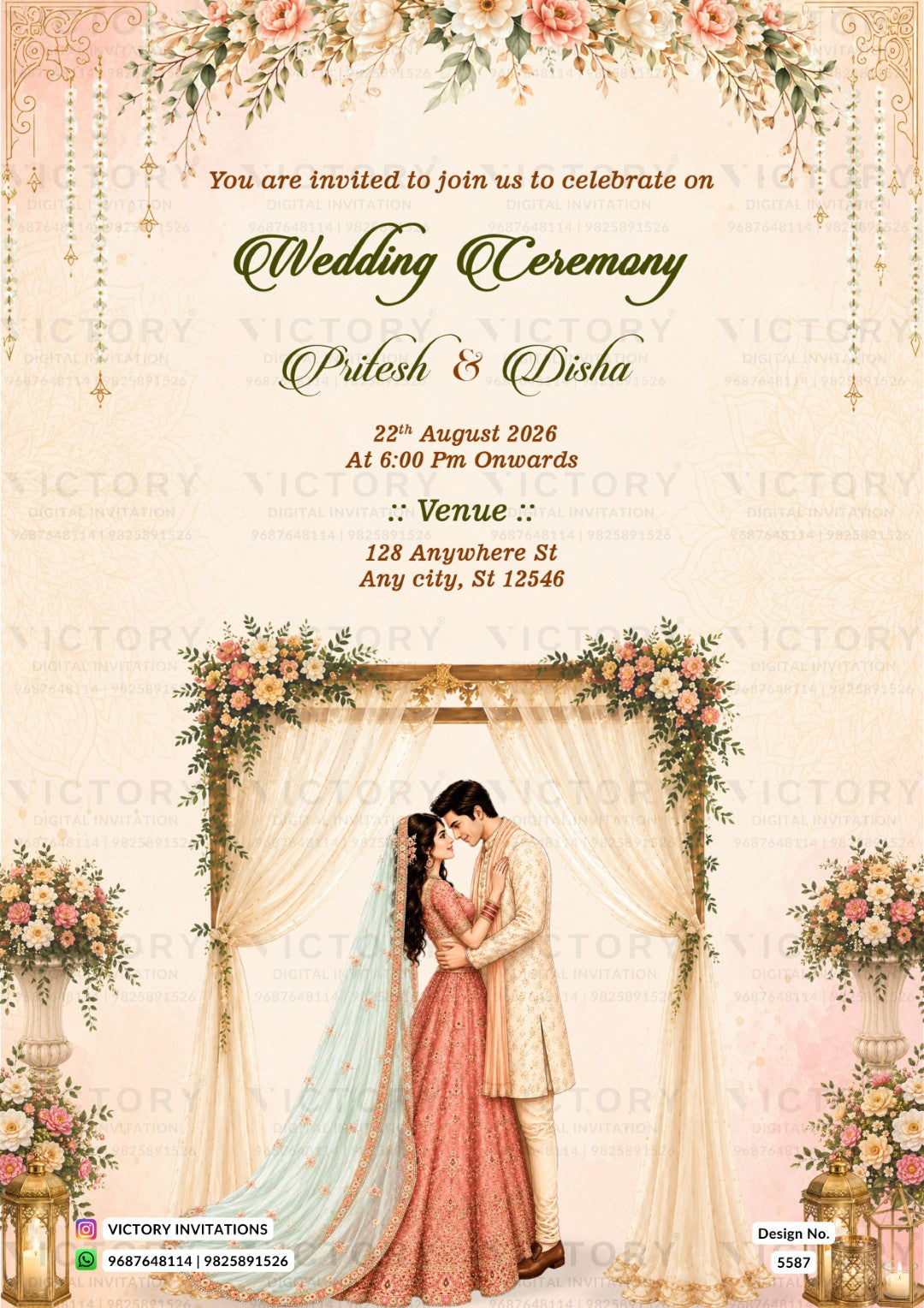 A wedding invitation card featuring a romantic illustration of a bride and groom under a floral arch, with elegant text reading 'Wedding Ceremony' and names 'Pileesh & Disha'. The design has a warm cream background with pink and green floral accents and watermarks across the surface.