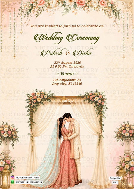 A wedding invitation card featuring a romantic illustration of a bride and groom under a floral arch, with elegant text reading 'Wedding Ceremony' and names 'Pileesh & Disha'. The design has a warm cream background with pink and green floral accents and watermarks across the surface.