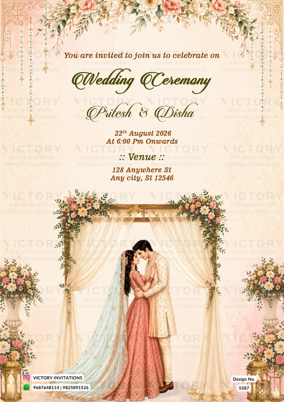 A wedding invitation card featuring a romantic illustration of a bride and groom under a floral arch, with elegant text reading 'Wedding Ceremony' and names 'Pileesh & Disha'. The design has a warm cream background with pink and green floral accents and watermarks across the surface.