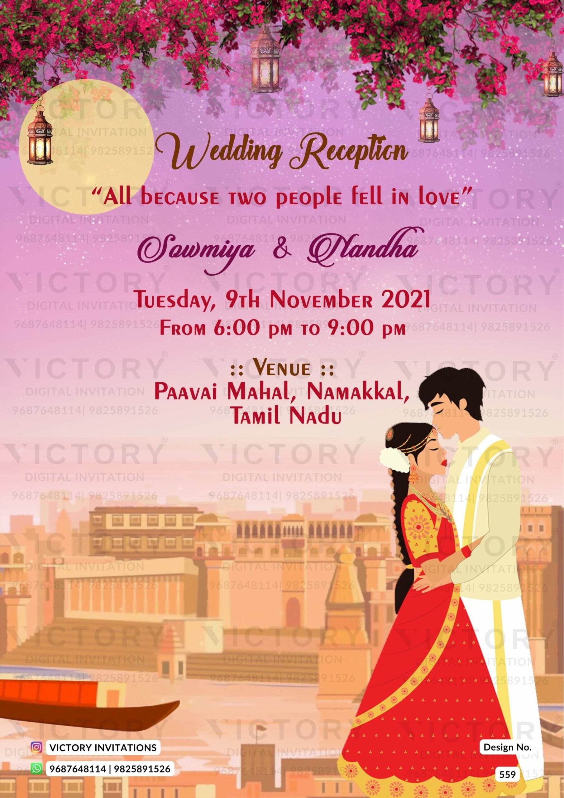 Wedding ceremony invitation video of hindu south indian tamil family in english language with Romantic theme design 559