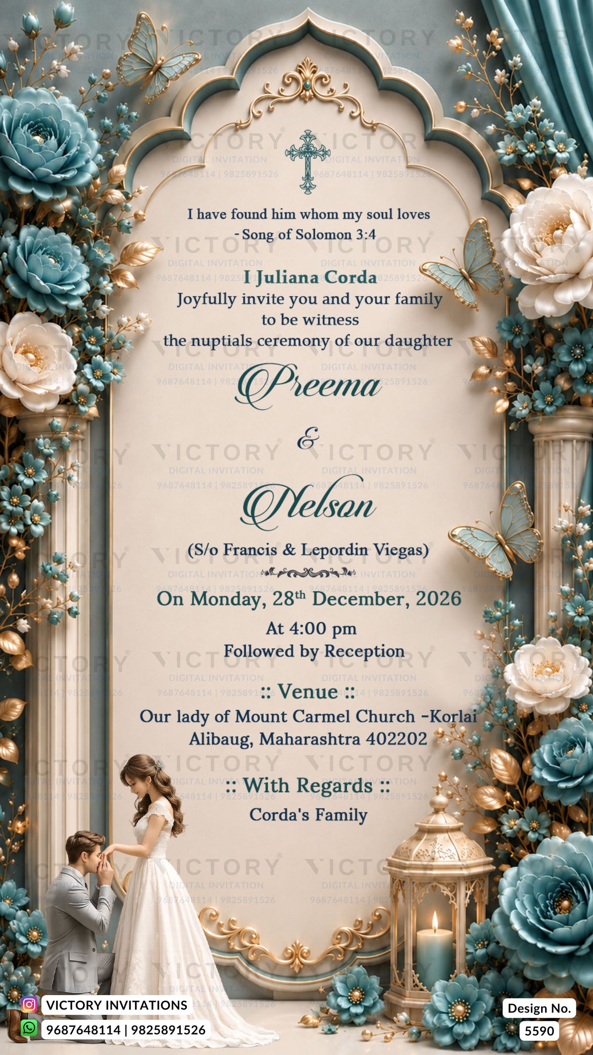 An ornate wedding invitation card design with a cream central panel, surrounded by teal and cream roses, gold filigree, butterflies, columns, and a bride-and-groom illustration at the bottom. The text includes names, date, time, venue, and RSVP details.