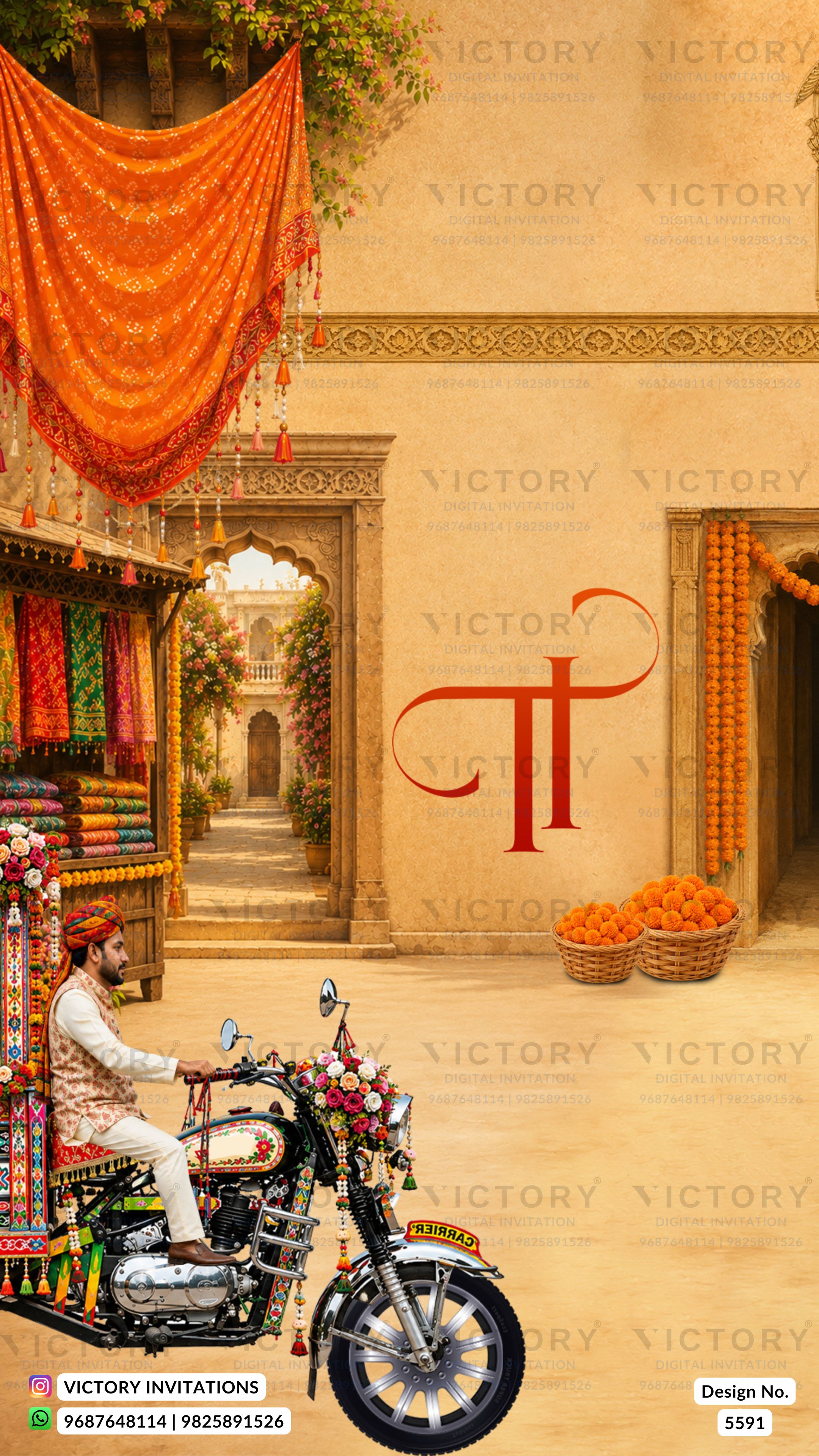 A festive Indian wedding invitation design featuring a decorated motorcycle with a groom in traditional attire, set against a warm beige courtyard backdrop with orange drapery, marigold garlands, and stacked orange fruits. The name 'Tiffany' is written in elegant red script.