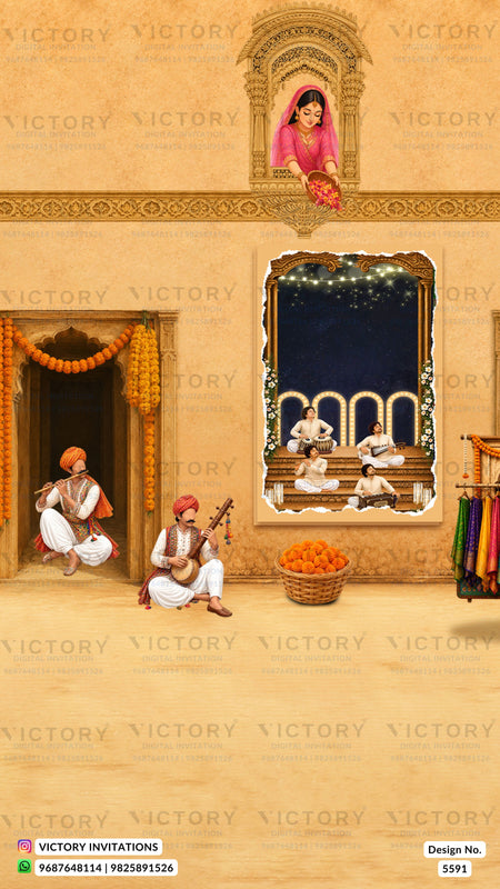 A traditional Indian wedding invitation card design featuring a warm beige background with illustrated figures in festive attire, marigold garlands, a basket of orange fruits, and a woman in a pink sari in an arched window at the top. Watermarks for 'VICTORY INVITATIONS' are visible across the design.