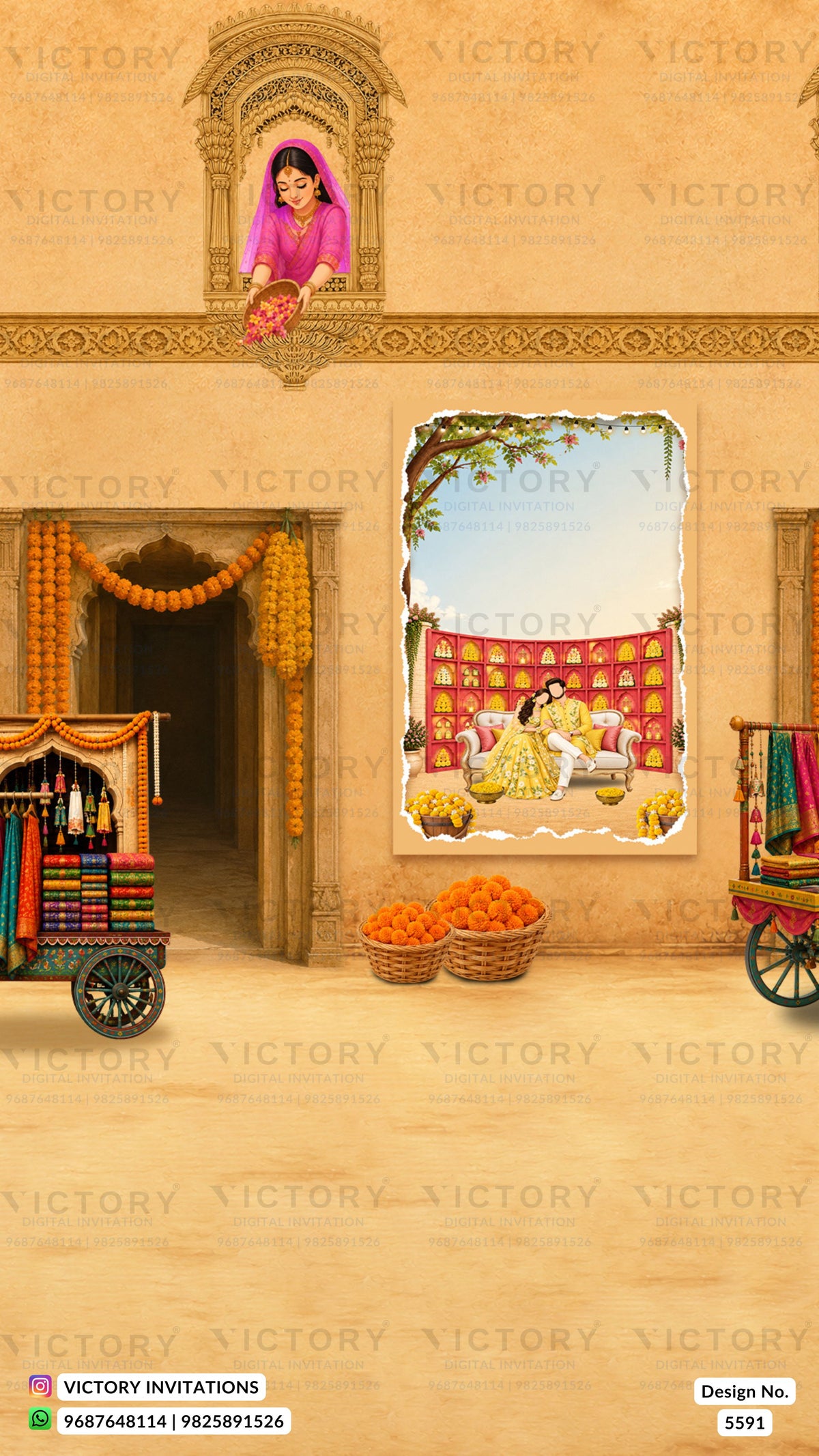 A traditional Indian wedding invitation card featuring a warm beige background with an illustration of a courtyard. The design includes a window with a woman in a pink saree, a doorway decorated with orange marigold garlands, two baskets of orange fruits, and a central framed illustration of a bride and groom under a red canopy.