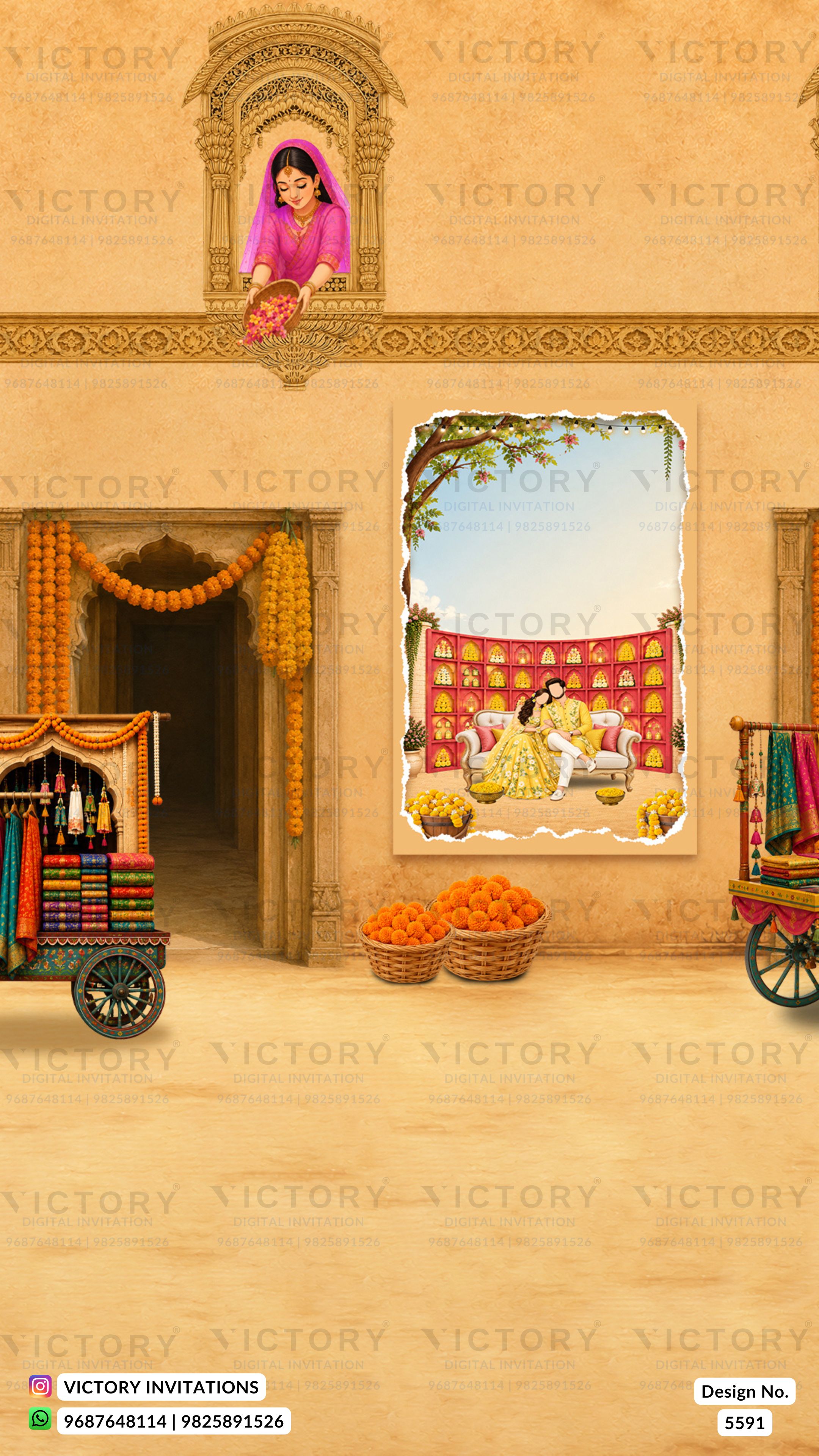 A traditional Indian wedding invitation card featuring a warm beige background with an illustration of a courtyard. The design includes a window with a woman in a pink saree, a doorway decorated with orange marigold garlands, two baskets of orange fruits, and a central framed illustration of a bride and groom under a red canopy.