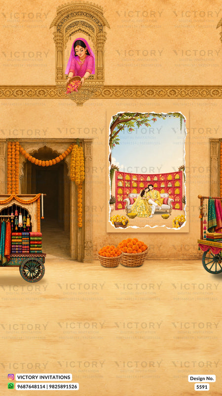 A traditional Indian wedding invitation card featuring a warm beige background with an illustration of a courtyard. The design includes a window with a woman in a pink saree, a doorway decorated with orange marigold garlands, two baskets of orange fruits, and a central framed illustration of a bride and groom under a red canopy.