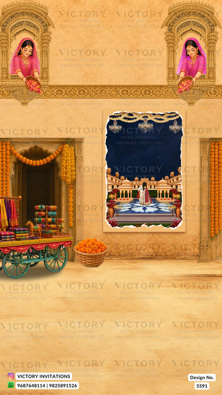 A traditional Indian wedding invitation card design featuring a central framed illustration of a wedding hall, decorative arches with women in pink, marigold garlands, and a decorated cart on a warm beige background. Watermarked with 'VICTORY INVITATIONS'.