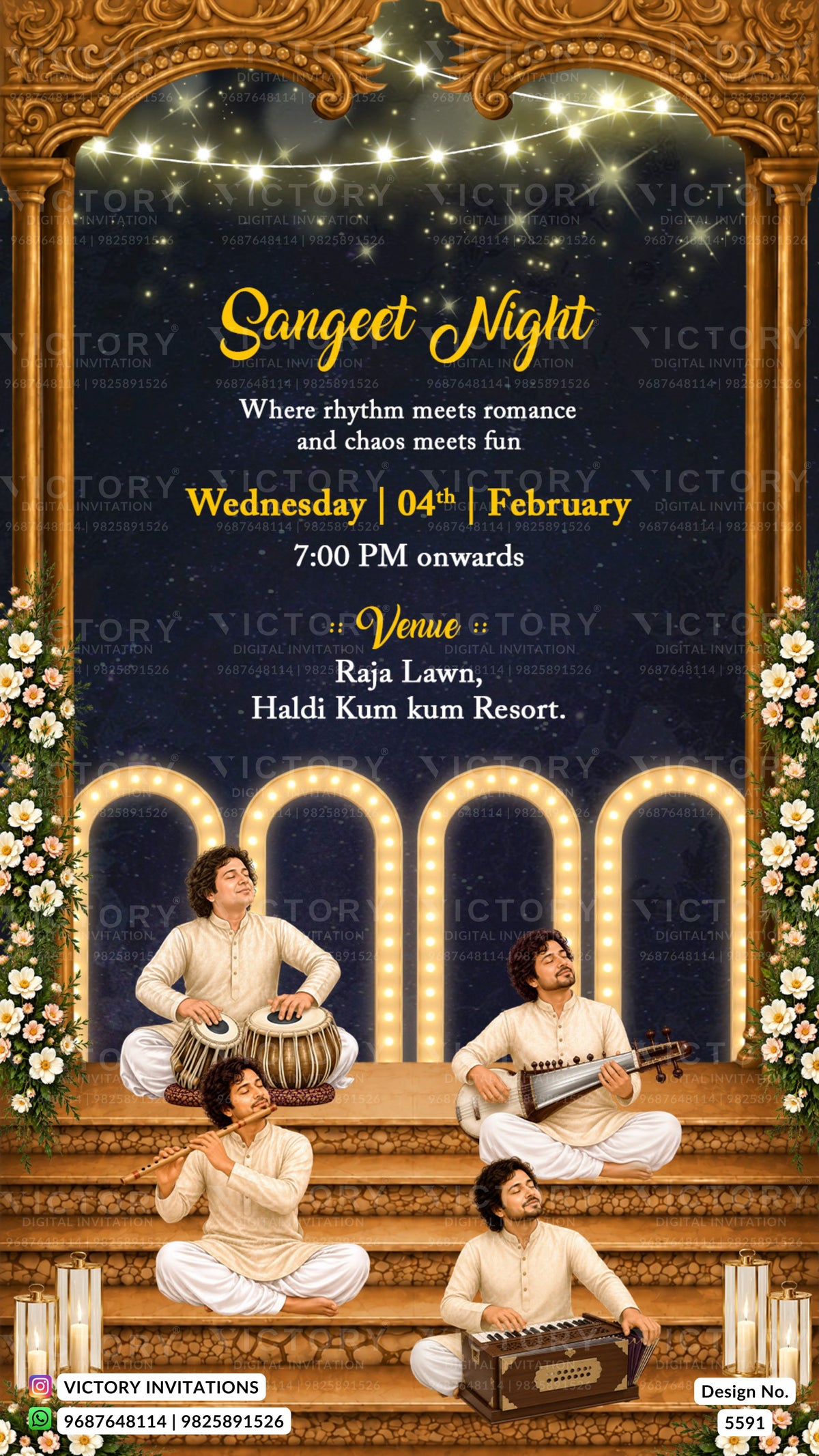 A festive event invitation card for 'Sangeet Night' featuring a dark blue starry sky background, an ornate golden arch, glowing marquee lights, and four musicians in cream traditional clothing seated at the bottom. The text details the event date, time, and venue at 'Raja Lawn, Haldi Kum kum Resort'.