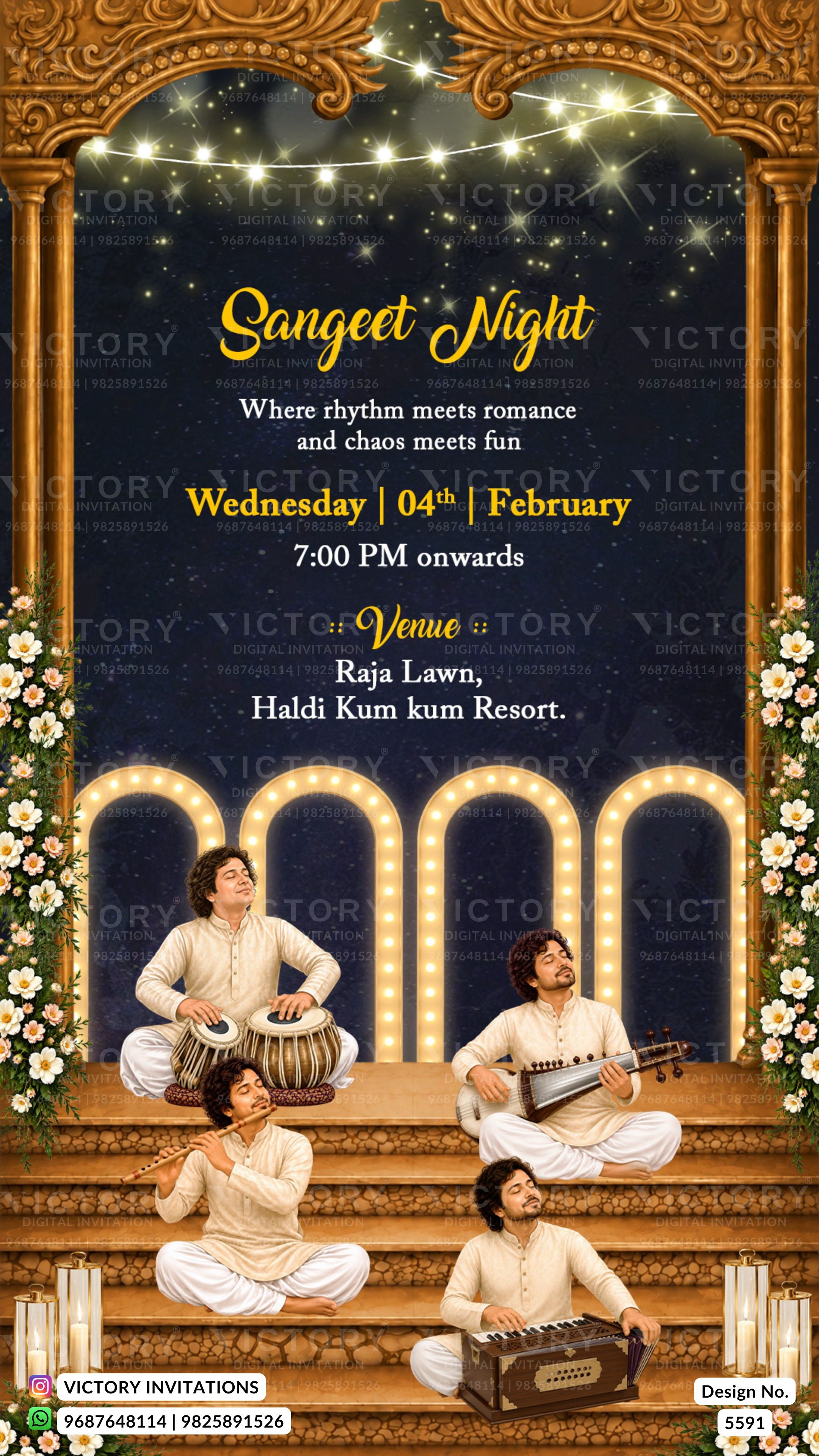 A festive event invitation card for 'Sangeet Night' featuring a dark blue starry sky background, an ornate golden arch, glowing marquee lights, and four musicians in cream traditional clothing seated at the bottom. The text details the event date, time, and venue at 'Raja Lawn, Haldi Kum kum Resort'.