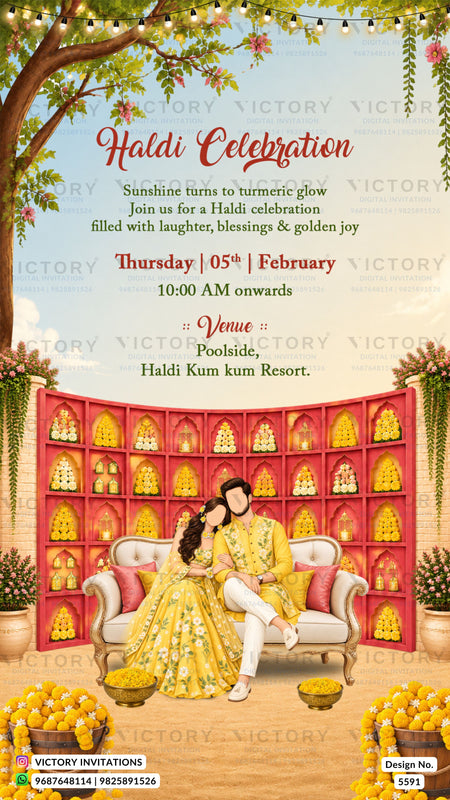 A festive Haldi Celebration invitation card featuring a cartoon-style illustration of a couple in traditional Indian attire sitting in front of a large pink wall decorated with yellow ornaments. The text reads 'Haldi Celebration' with event details, and the design includes decorative trees, flowers, and a poolside venue setting.