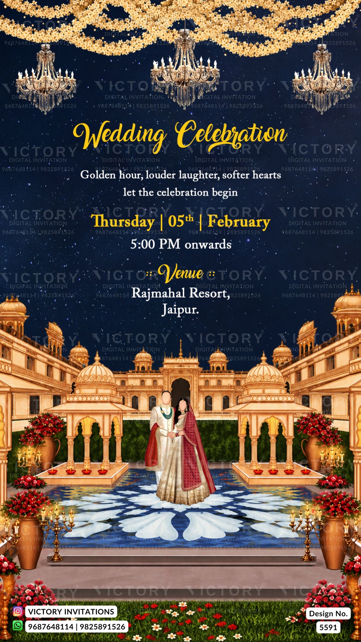 A digital wedding invitation card design featuring a golden palace courtyard under a dark starry sky, with a bride and groom standing in the center. The text reads 'Wedding Celebration' and details the date, time, and venue as Rajmahal Resort, Jaipur.