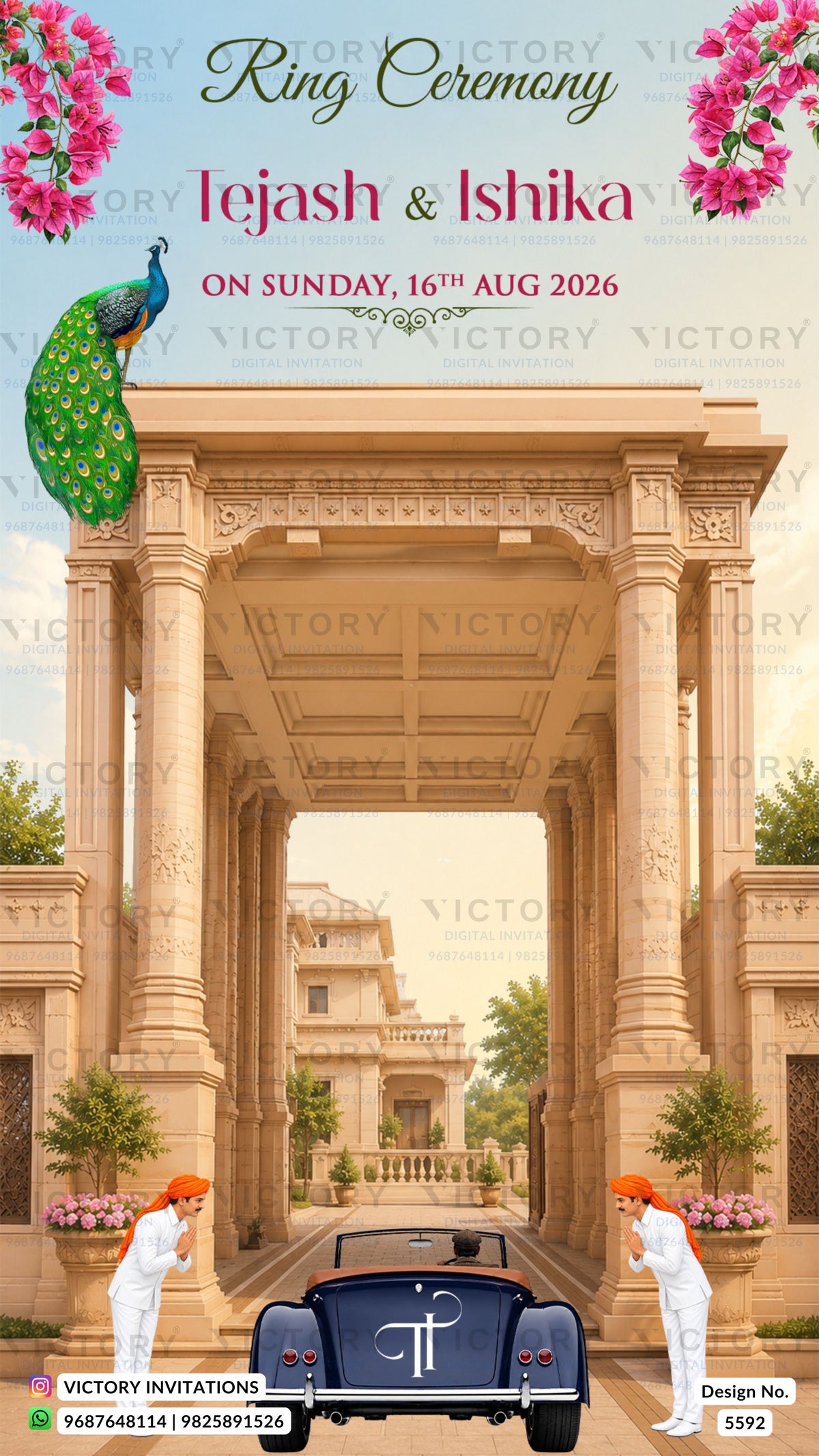 A digital invitation card for a ring ceremony featuring a grand stone archway, a peacock, pink flowers, and a vintage car with two figures in traditional attire. The text reads 'Ring Ceremony', 'Lejash & Ishika', and 'ON SUNDAY, 16th AUG 2026'.