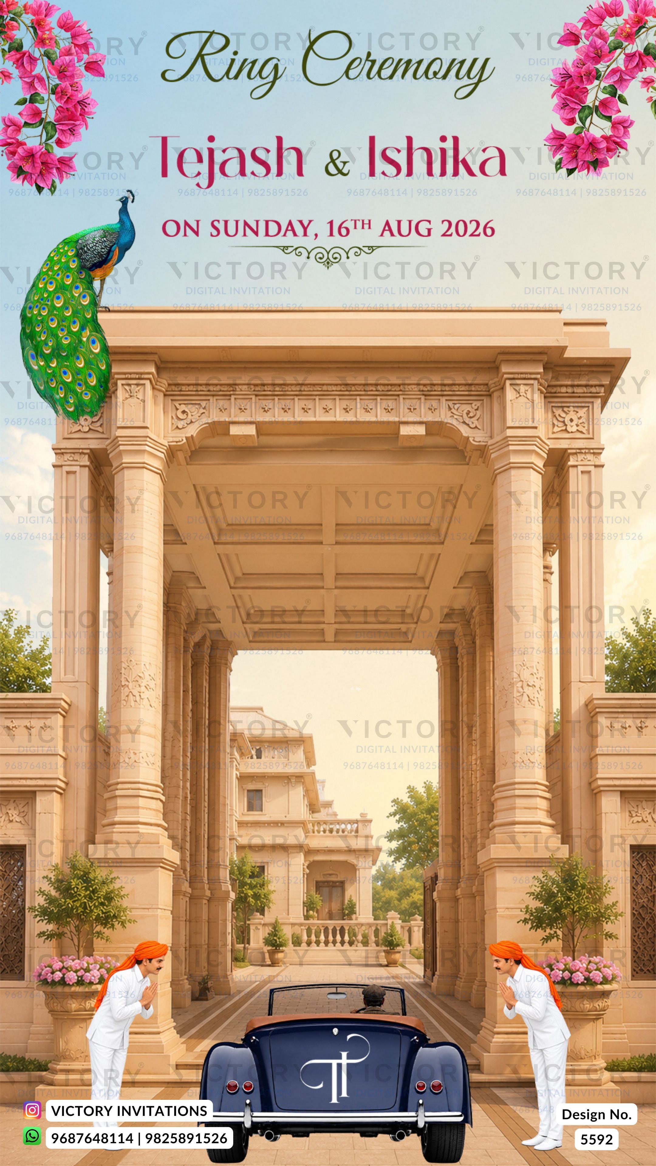 A digital invitation card for a ring ceremony featuring a grand stone archway, a peacock, pink flowers, and a vintage car with two figures in traditional attire. The text reads 'Ring Ceremony', 'Lejash & Ishika', and 'ON SUNDAY, 16th AUG 2026'.