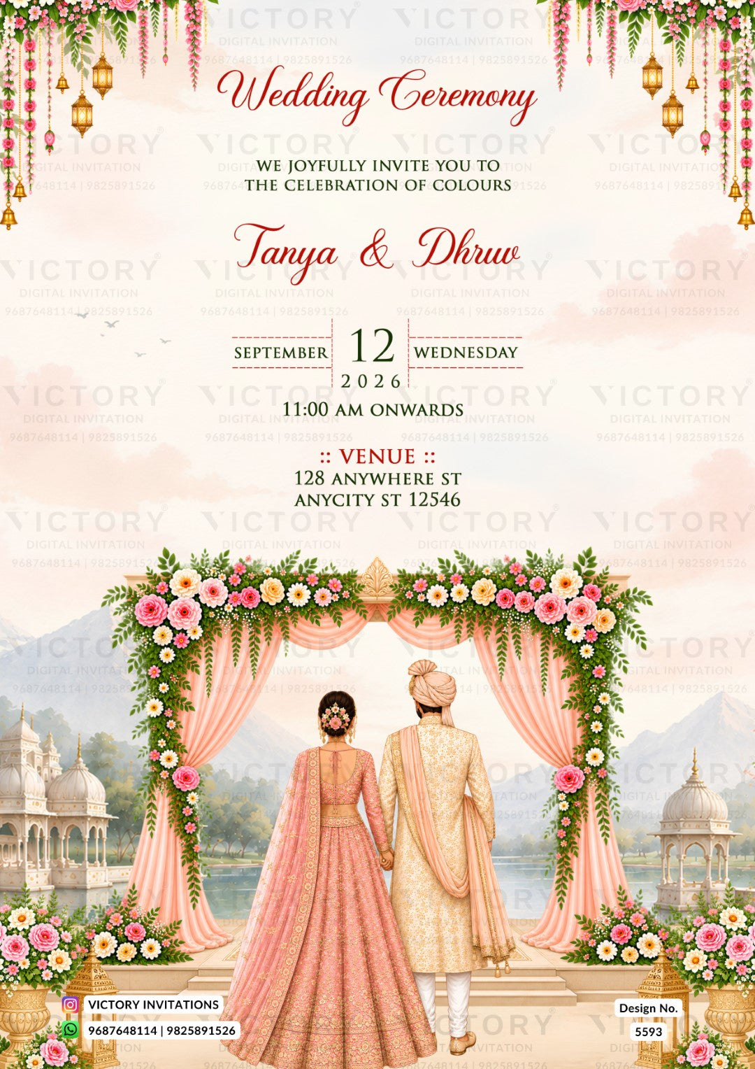 A wedding invitation card featuring a traditional Indian wedding theme. The top half has a light pink background with elegant red and black text reading 'Wedding Ceremony' and 'Tanya & Dhruw', along with event details.