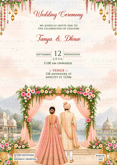 A wedding invitation card featuring a traditional Indian wedding theme. The top half has a light pink background with elegant red and black text reading 'Wedding Ceremony' and 'Tanya & Dhruw', along with event details.