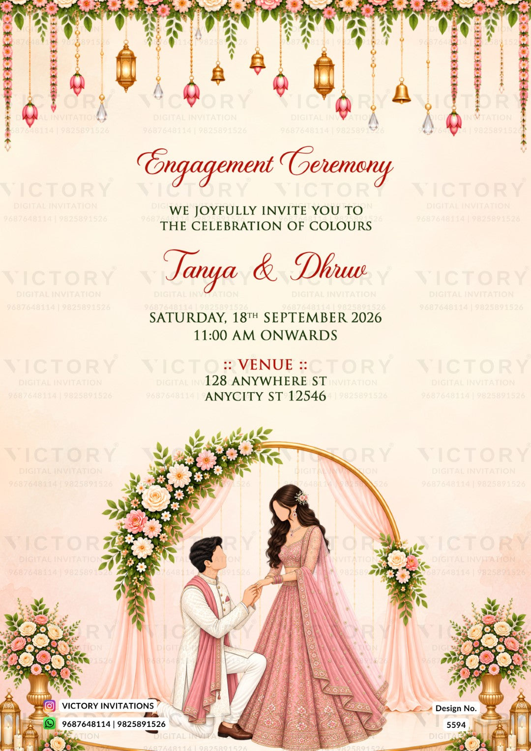 Engagement ceremony invitation card featuring a pink and gold traditional Indian wedding theme. The design includes hanging lanterns and flowers at the top, elegant script text in the center, and an illustration of a couple under a floral arch at the bottom.