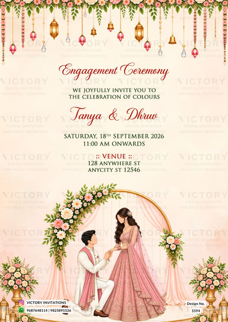 Engagement ceremony invitation card featuring a pink and gold traditional Indian wedding theme. The design includes hanging lanterns and flowers at the top, elegant script text in the center, and an illustration of a couple under a floral arch at the bottom.