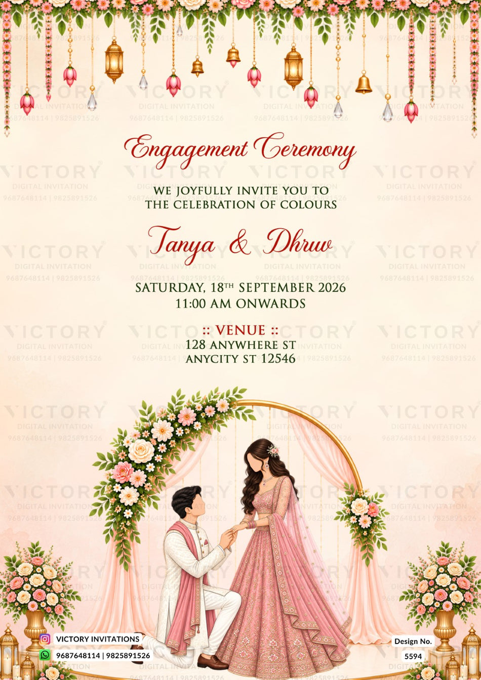 Engagement ceremony invitation card featuring a pink and gold traditional Indian wedding theme. The design includes hanging lanterns and flowers at the top, elegant script text in the center, and an illustration of a couple under a floral arch at the bottom.