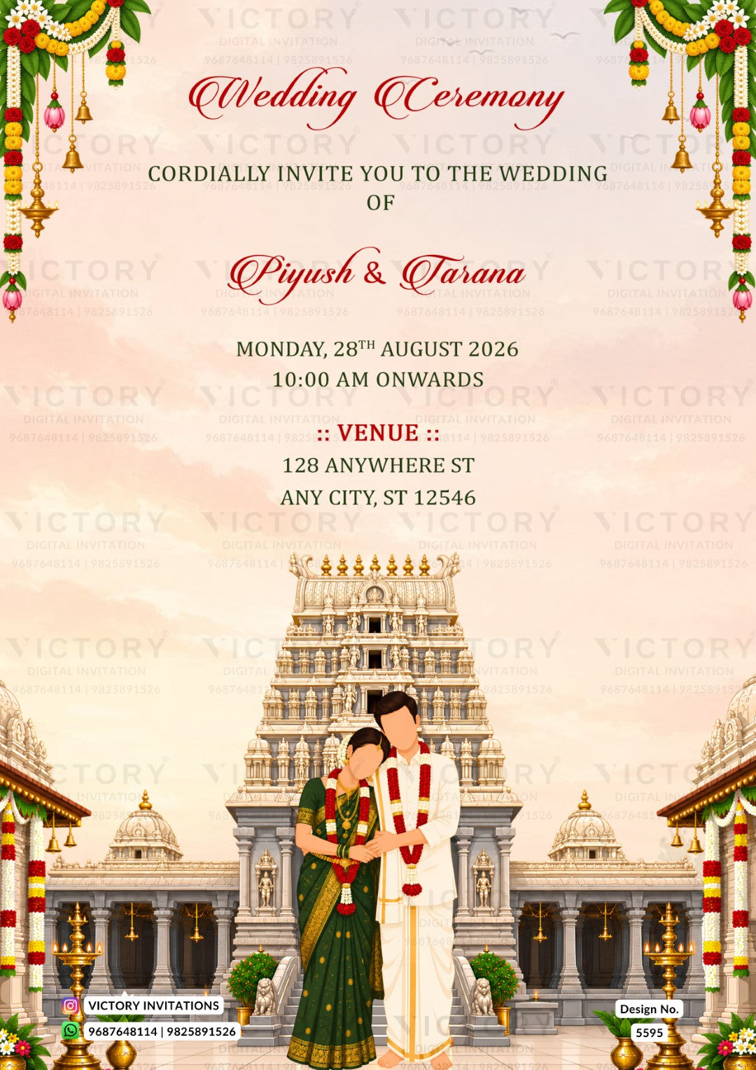 A digital Indian wedding invitation card featuring a traditional South Indian temple illustration, a couple in traditional wedding attire, and elegant red and black text on a soft pink background. The card is branded with 'VICTORY INVITATIONS' watermarks.