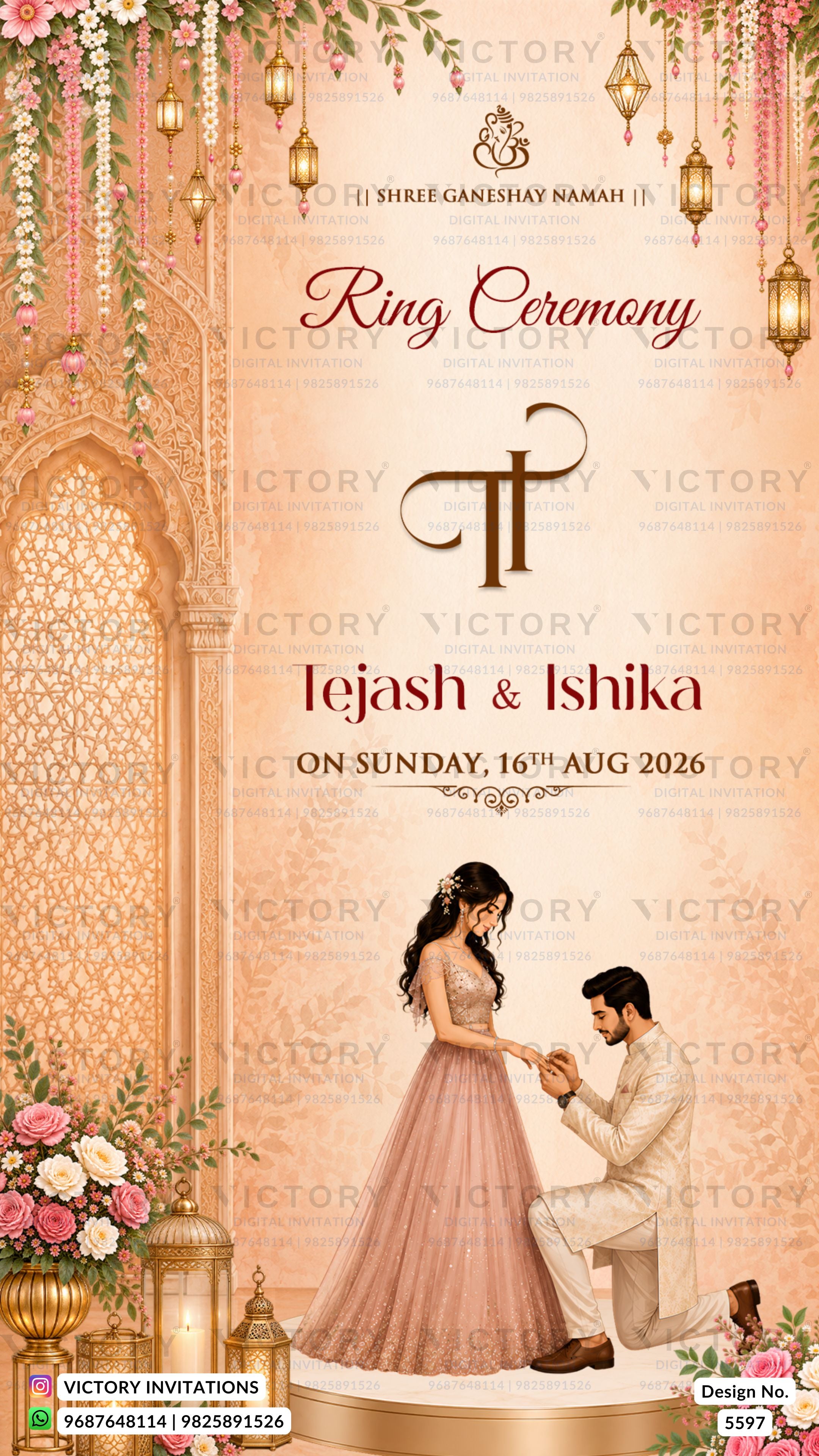 A decorative ring ceremony invitation card design with ornate arches, hanging lanterns, floral garlands, and an illustrated bride and groom. The text reads 'Ring Ceremony', 'Tejas & Ishika', 'ON SUNDAY, 16TH AUG 2026', and 'VICTORY Invitations' appears at the bottom.