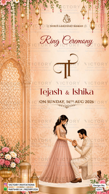 A decorative ring ceremony invitation card design with ornate arches, hanging lanterns, floral garlands, and an illustrated bride and groom. The text reads 'Ring Ceremony', 'Tejas & Ishika', 'ON SUNDAY, 16TH AUG 2026', and 'VICTORY Invitations' appears at the bottom.