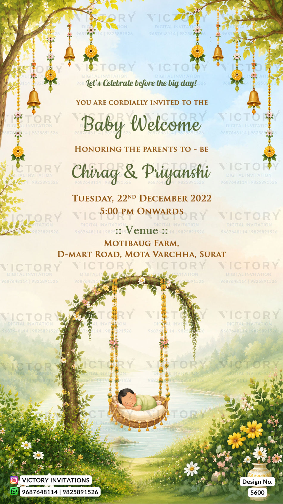 A baby welcome invitation card featuring a colorful, whimsical illustration of a hanging flower swing under a tree, with a baby sleeping in the swing. The background depicts a soft-focus green landscape with a river.